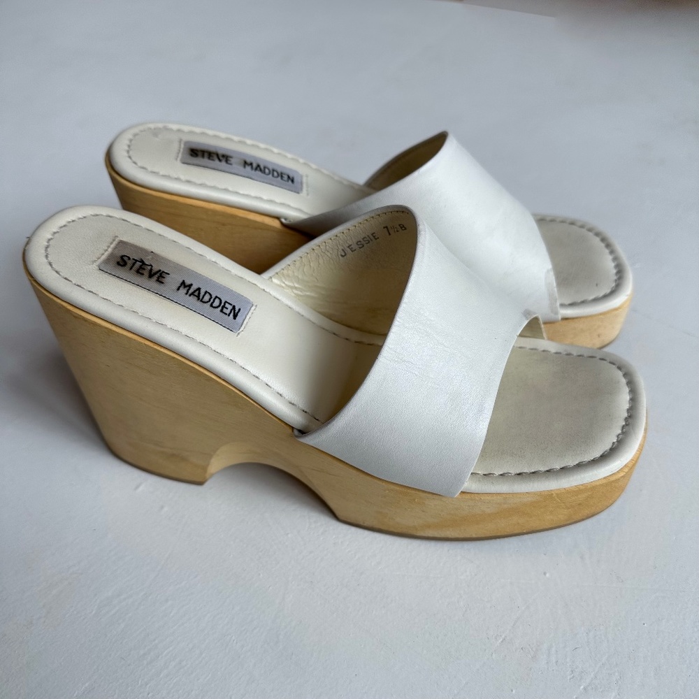 Steve Madden Vintage Y2k Jessie White Leather Wooden Platform Heel Sandals